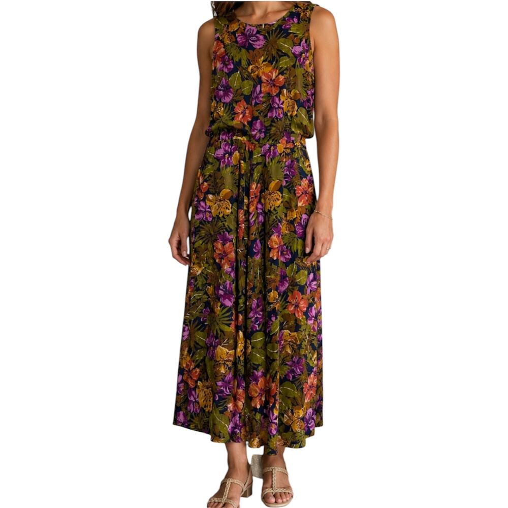 Vintage S.L. Fashions Maxi Sun Dress 80s USA Tank Keyhole Back Hibiscus Multi 12